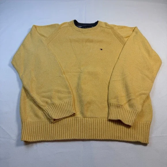 Tommy Hilfiger Sweater Men's M Yellow Essential Mini Flag Logo Vintage Round - Picture 15 of 16